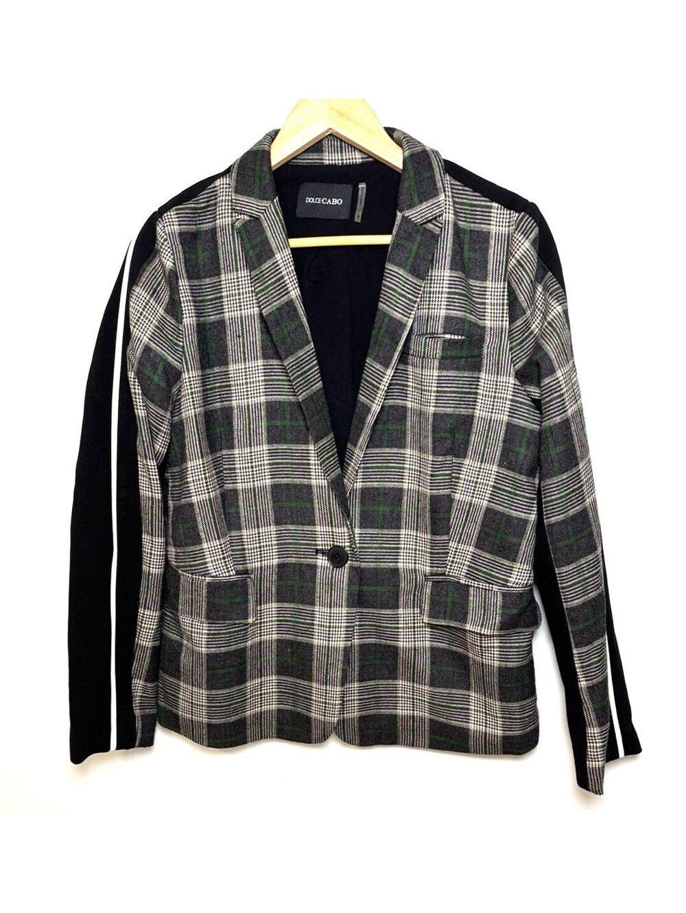 Dolce Cabo Plaid Stripe Trim Blazer Size Small Black and Green Checked Pattern